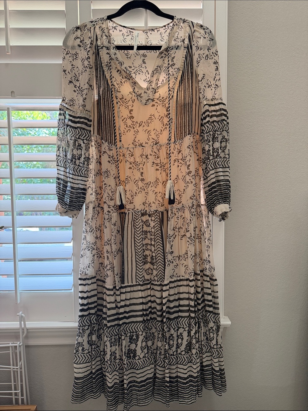 Anthropologie Cream & Black Floral Maxi Dress with Tassels XS - Picture 4 of 9